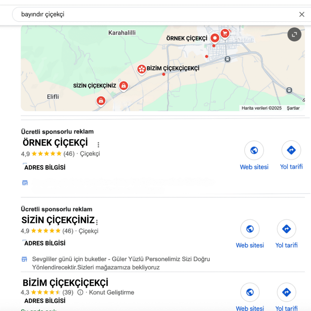 google haritalarda bayındır çiçekçi araması yapılmıiş ve çıkan sonuçlar örnek çiçekçi sizin çiçekçiniz bizim çiçekçi olarak değiştirilmiş (reklam olmasın diye)