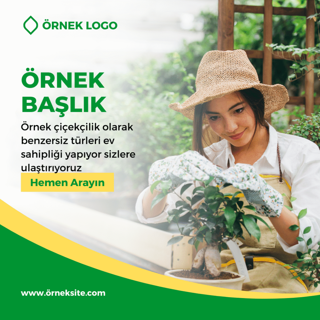 örnek sosyal medya etkileşimi güçlendirin postu önündeki bitkiyi bakım yapan botanik bahçesinde kadın yanında örnek logo örnek başlık yazılı bir post örneği